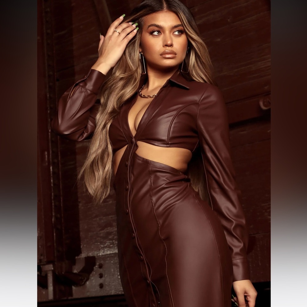 Brown Faux Leather Cutout Midi Dress M